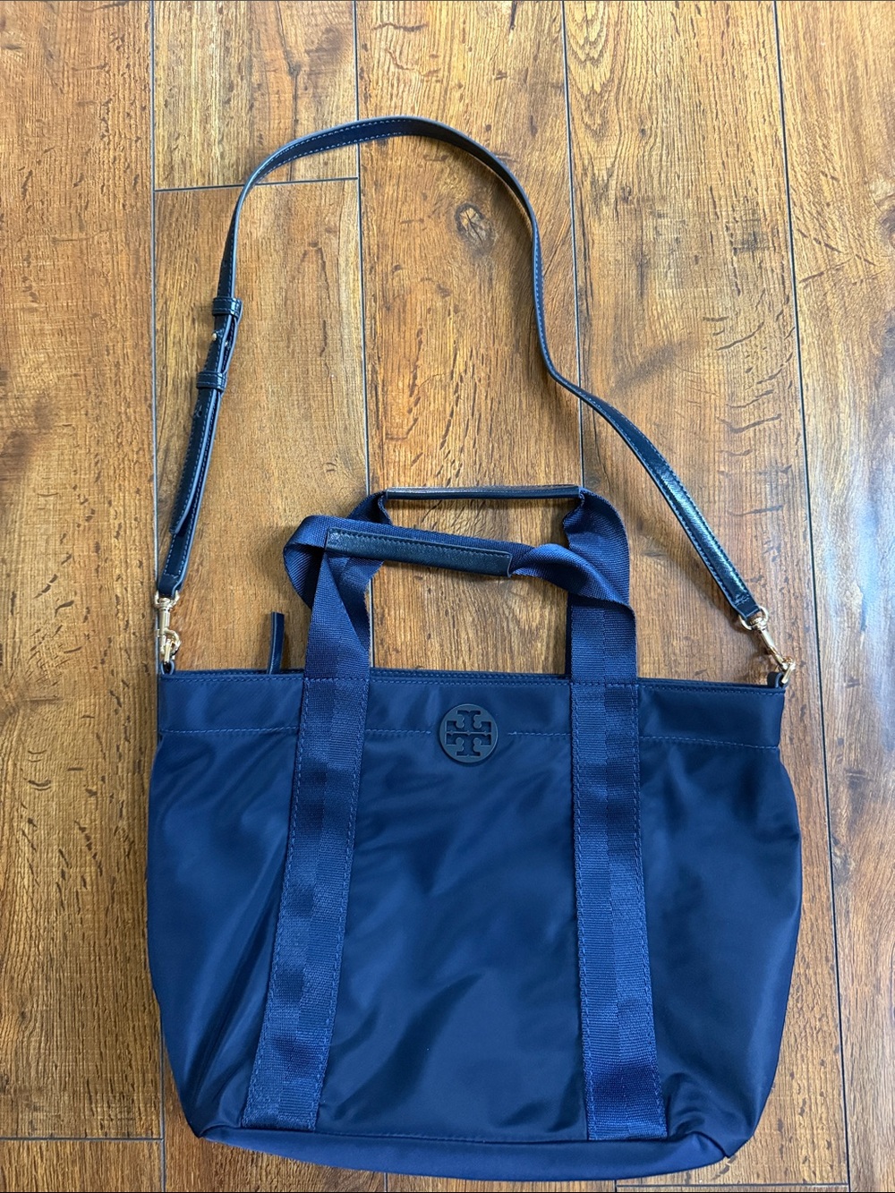 Tory Burch Navy Nylon Crossbody Tote with Gold Hardware